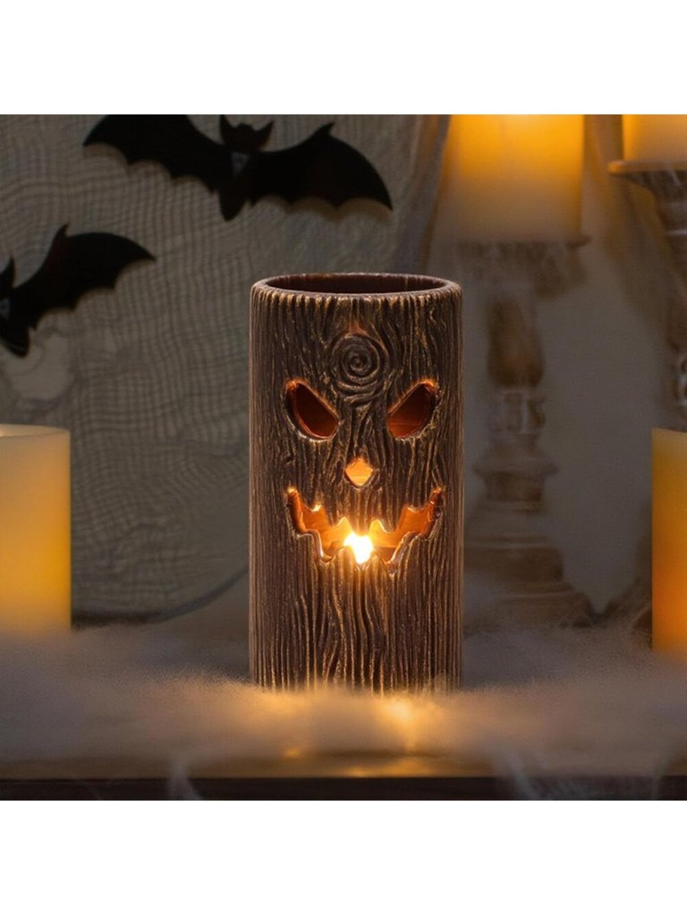 2PCS Halloween Ghost Tree Carved Flameless Pillar Candles Real Wax 6H Timer - Picture 7 of 7